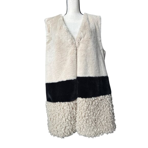 Catherine Malandrino Vest Faux Fur With Black Stripe Textured Hem Mid Length XL - Picture 1 of 8